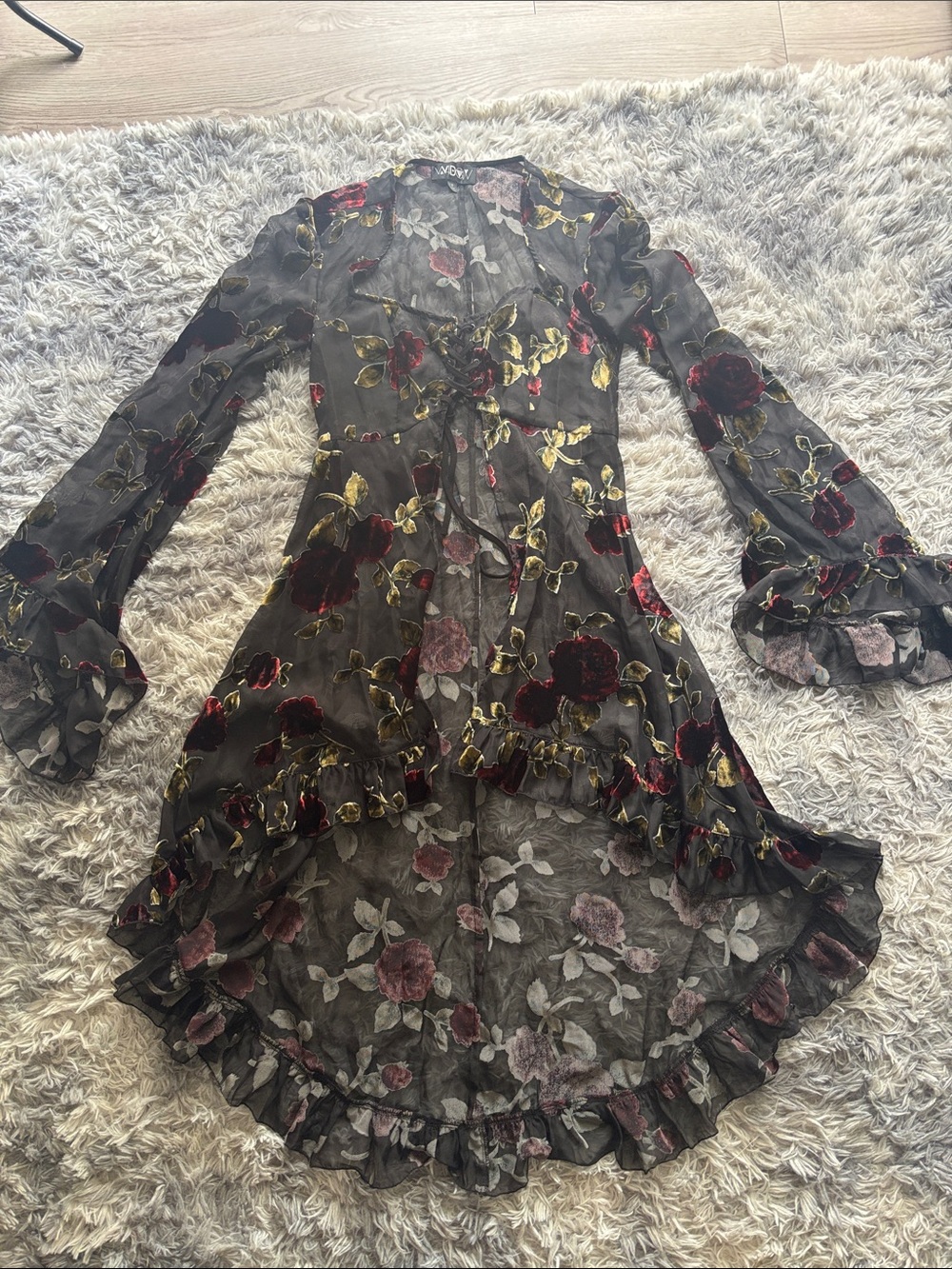 Sheer Floral Ruffle High-Low Dress - Black with Red & Gold Floral